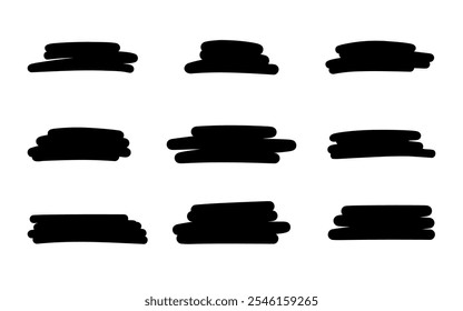 Lines drawn manually with a marker isolated on a white background. Black silhouette of brush strokes, vector. A text field for the label, design, background. A graphic horizontal element, a spot.