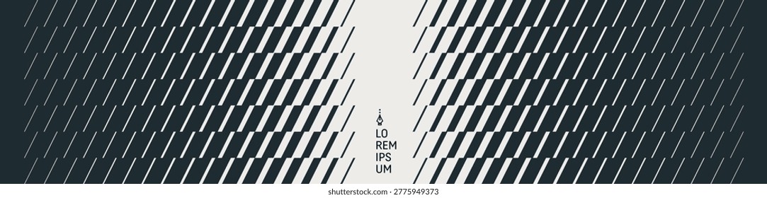 Lines dynamically descend and diverge. A break or crack. Geometric pattern. Symmetry. Multiple stripes of varying thickness. Vector for a brochure, poster, cover, card, presentation, or banner.