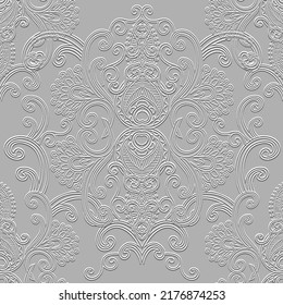 Las líneas atraviesan un patrón floral 3d sin soldadura. Fondo blanco de relieve de textura ornamental. Repetir el fondo vectorial de estilo étnico de superficie. Ornamento de flores de remolcador de líneas de arte embosadas. Textura sin fin de superficie.