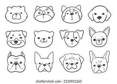 Lines of the faces of various breeds of dogs decorate coloring book for kids