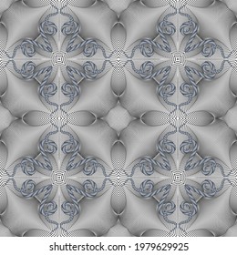 Lines floral 3d seamless pattern. Black and white surface Deco background. Vector repeat backdrop. Line art textured ornaments with ropes, abstract flowers, lines, shapes. Intricate grunge design.