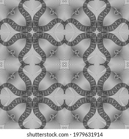 Líneas florales 3d sin soldadura. Fondo gris de superficie blanco y negro. El vector repite el fondo moderno. Ornamentos con textura de línea con flores abstractas, líneas, formas, llave griega, serpenteantes.