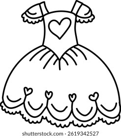 As linhas formam um adorável frock com um corpete cardíaco.  Um lindo vestido é retratado em uma simples linha de arte.