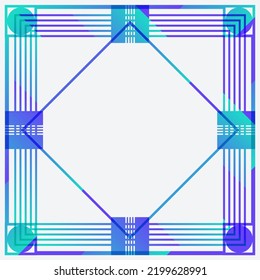 Lines Frame Template Border, White Background with Squared Neon Cyan and  Dark Blue Pattern