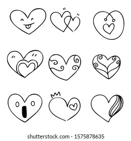 lines. Funny doodle hearts icons collection. Hand drawn Valentines day, wedding design illustration.