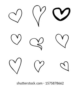 lines. Funny doodle hearts icons collection. Hand drawn Valentines day, wedding design illustration.