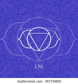 Lines geometric illustration of one of the seven chakras - Ajna on the dark blue background, the symbol of Hinduism, Buddhism. Hand painted mandala texture. For design, associated with yoga and India.