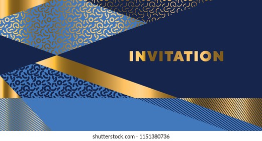 Lines Geometric Pattern For Invitation. Geometry Stock Vector Illustration. Gold And Sea Blue Stripes Design Element For Elegant Festive Projects And Awards.  
