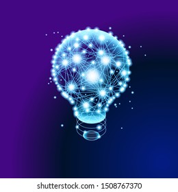 Lines and glowing dots form a lightbulb. Internet technology network concept. 3D isometric vector illustration.