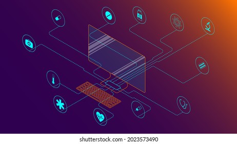 Lines go from the computer to medical icons. The concept of healthcare. Telemedicine. Online diagnostics and treatment. Vector illustration in isometry.