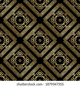 Lines greek seamless pattern. Vector tribal ethnic geometric background. Repeat backdrop. Symmetrical line art gold ornament with greek key, meanders, shapes,  rhombus, frames, borders. Luxury design.