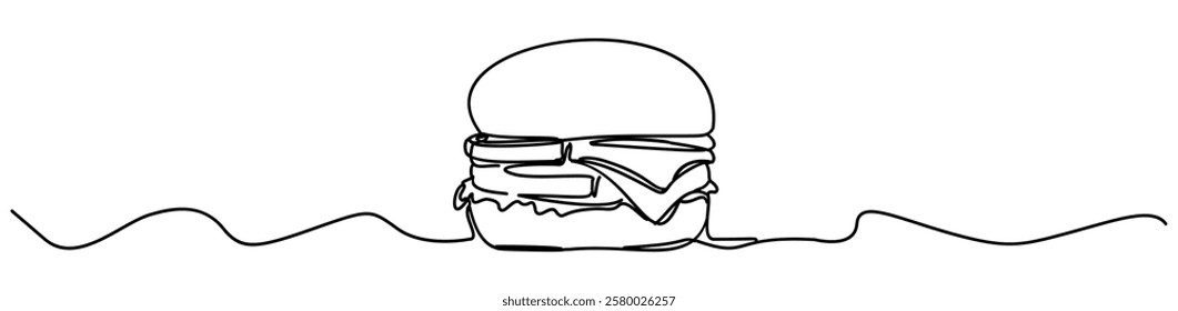 The lines of a hamburger are drawn with just one line. A simple work of art emerges with a minimal design approach on a white background.