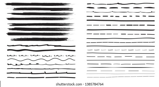 Lines hand drawn brash stroke. Vector set isolated on white background. Collection of doodle lines, hand drawn template. Black marker and grunge brush stroke lines, vector illustration