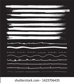 Lines hand drawn brash stroke. Vector set isolated on black background. Collection of doodle lines, hand drawn template. White marker and grunge brush stroke lines, vector illustration