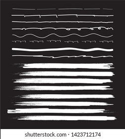 Lines hand drawn brash stroke. Vector set isolated on black background. Collection of doodle lines, hand drawn template. White marker and grunge brush stroke lines, vector illustration