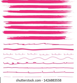 Lines hand drawn brash stroke. Vector set isolated on white background. Collection of doodle lines, hand drawn template. Pink marker and grunge brush stroke lines, vector illustration