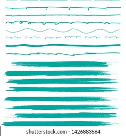 Lines hand drawn brash stroke. Vector set isolated on white background. Collection of doodle lines, hand drawn template. Green marker and grunge brush stroke lines, vector illustration