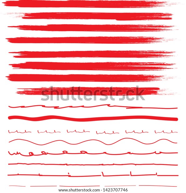 Lines hand\
drawn brash stroke. Vector set isolated on white background.\
Collection of doodle lines, hand drawn template. Red marker and\
grunge brush stroke lines, vector\
illustration
