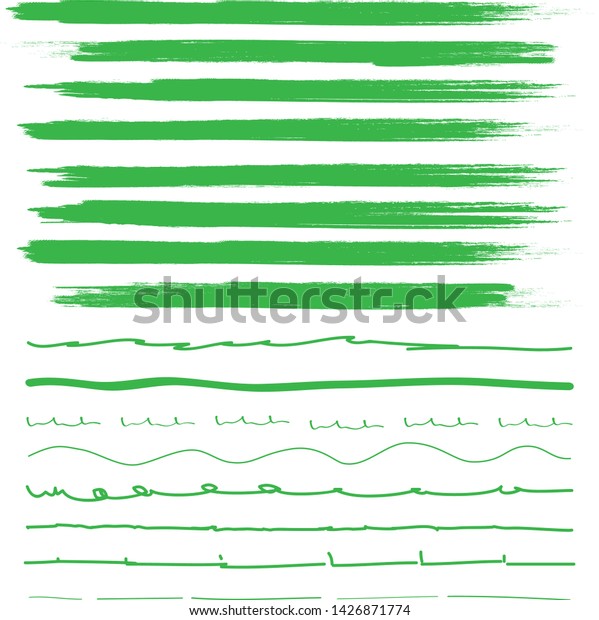 Lines hand\
drawn brash stroke. Vector set isolated on white background.\
Collection of doodle lines, hand drawn template. Green marker and\
grunge brush stroke lines, vector\
illustration