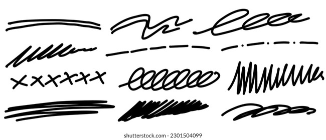 Lines. Hand drawn marker line stroke underline set. Highlight underline and strike through. Pen line template. Vector illustration isolated on white background.