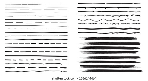 Lines hand drawn paint brush stroke. Vector set isolated on white background. Collection of distressed and doodle lines, hand drawn template. Black marker, ink and grunge brush stroke lines, vector