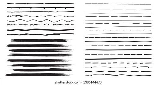 Lines Hand Drawn Paint Brush Stroke. Vector Set Isolated On White Background. Collection Of Distressed And Doodle Lines, Hand Drawn Template. Black Marker, Ink And Grunge Brush Stroke Lines, Vector