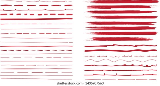 Lines hand drawn paint brush stroke. Vector set isolated on white background. Collection of distressed and doodle lines, hand drawn template. Red marker, ink and grunge brush stroke lines, vector