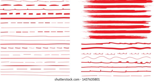 Lines hand drawn paint brush stroke. Vector set isolated on white background. Collection of distressed and doodle lines, hand drawn template. Red marker, ink and grunge brush stroke lines, vector