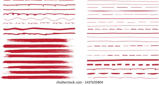 Lines hand drawn paint brush stroke. Vector set isolated on white background. Collection of distressed and doodle lines, hand drawn template. Red marker, ink and grunge brush stroke lines, vector