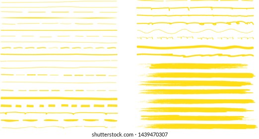 Lines hand drawn paint brush stroke. Vector set isolated on white background. Collection of distressed and doodle lines, hand drawn template. Yellow marker, ink and grunge brush stroke lines, vector