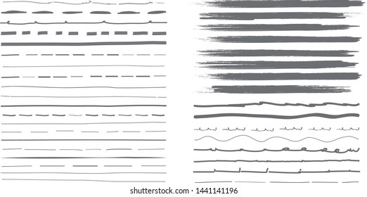 Lines hand drawn paint brush stroke. Vector set isolated on white background. Collection of black distressed and doodle lines, hand drawn template.Gray marker,ink and grunge brush stroke lines, vector