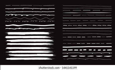 Lines hand drawn paint brush stroke. Vector set isolated on black background. Collection of distressed and doodle lines, hand drawn template. White marker, ink and grunge brush stroke lines, vector