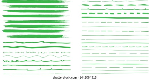 Lines hand drawn paint brush stroke. Vector set isolated on white background. Collection of distressed and doodle lines, hand drawn template. Green marker, ink and grunge brush stroke lines, vector