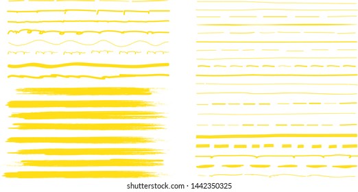 Lines hand drawn paint brush stroke. Vector set isolated on white background. Collection of distressed and doodle lines, hand drawn template. Yellow marker, ink and grunge brush stroke lines, vector