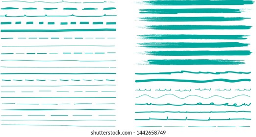 Lines hand drawn paint brush stroke. Vector set isolated on white background. Collection of distressed and doodle lines, hand drawn template. Green marker, ink and grunge brush stroke lines, vector