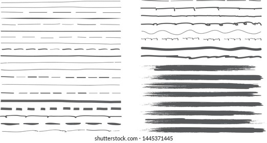 Lines hand drawn paint brush stroke. Vector set isolated on white background. Collection of grey distressed and doodle lines, hand drawn template.Gray marker,ink and grunge brush stroke lines, vector