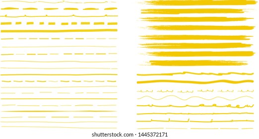 Lines hand drawn paint brush stroke. Vector set isolated on white background. Collection of distressed and doodle lines, hand drawn template. Yellow marker, ink and grunge brush stroke lines, vector