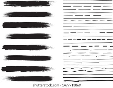 Lines hand drawn paint brush stroke. Vector set isolated on white. Collection of distressed, doodle, pen and pencil lines. Hand drawn scribble. Black border, ink and grunge brush stroke lines, vector