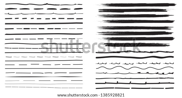 Lines hand drawn paint brush stroke. Vector set
isolated on white background. Collection of distressed and doodle
lines, hand drawn template. Black marker, ink and grunge brush
stroke lines, vector