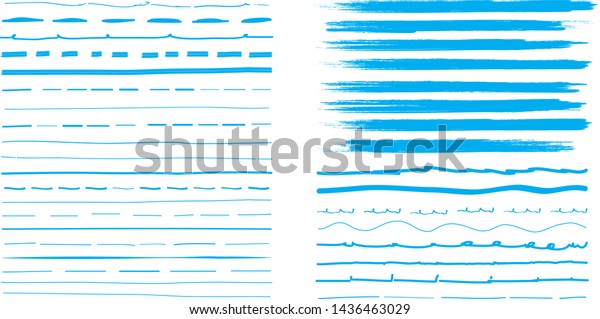 Lines hand drawn paint brush stroke. Vector set
isolated on white background. Collection of distressed and doodle
lines, hand drawn template. Blue marker, ink and grunge brush
stroke lines, vector