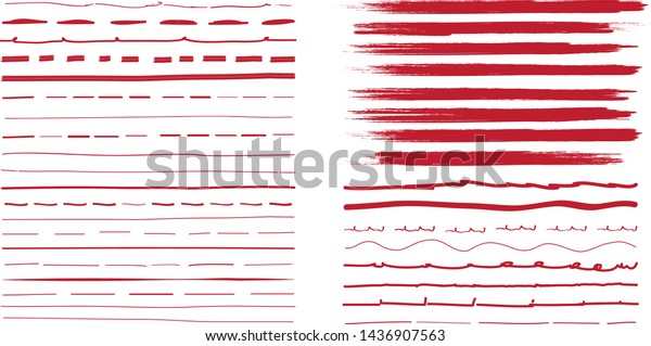 Lines hand drawn paint brush stroke. Vector set\
isolated on white background. Collection of distressed and doodle\
lines, hand drawn template. Red marker, ink and grunge brush stroke\
lines, vector