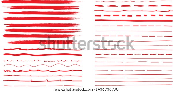 Lines hand drawn paint brush stroke. Vector set\
isolated on white background. Collection of distressed and doodle\
lines, hand drawn template. Red marker, ink and grunge brush stroke\
lines, vector