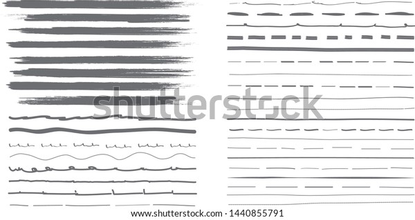 Lines hand drawn paint brush stroke. Vector set
isolated on white background. Collection of black distressed and
doodle lines, hand drawn template.Gray marker,ink and grunge brush
stroke lines, vector