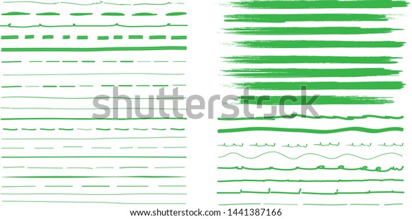 Lines hand drawn paint brush stroke. Vector set
isolated on white background. Collection of distressed and doodle
lines, hand drawn template. Green marker, ink and grunge brush
stroke lines, vector