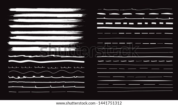 Lines hand drawn paint brush stroke. Vector set
isolated on black background. Collection of distressed and doodle
lines, hand drawn template. White marker, ink and grunge brush
stroke lines, vector