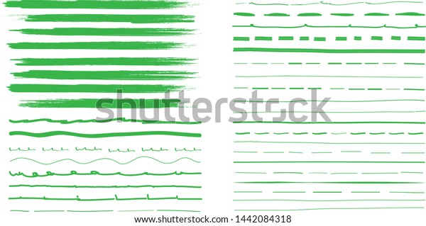 Lines hand drawn paint brush stroke. Vector set\
isolated on white background. Collection of distressed and doodle\
lines, hand drawn template. Green marker, ink and grunge brush\
stroke lines, vector