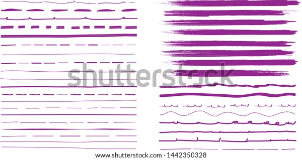 Lines hand drawn paint brush stroke. Vector set\
isolated on white background. Collection of distressed and doodle\
lines, hand drawn template. Violet marker, ink and grunge brush\
stroke lines, vector