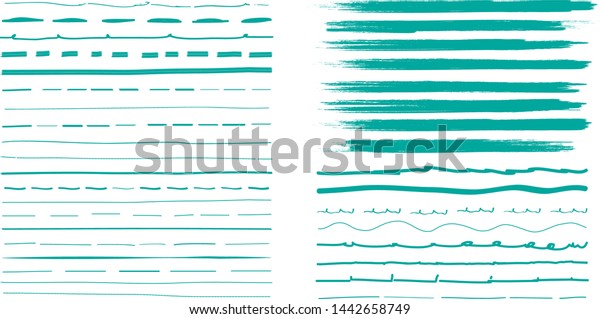 Lines hand drawn paint brush stroke. Vector set\
isolated on white background. Collection of distressed and doodle\
lines, hand drawn template. Green marker, ink and grunge brush\
stroke lines, vector
