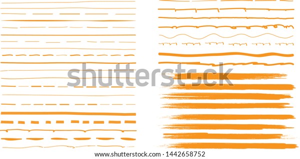 Lines hand drawn paint brush stroke. Vector set\
isolated on white background. Collection of distressed and doodle\
lines, hand drawn template. Orange marker, ink and grunge brush\
stroke lines, vector