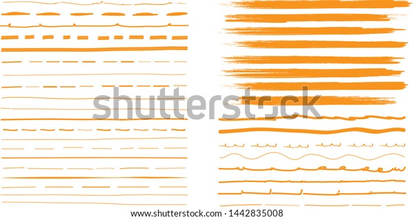 Lines hand drawn paint brush stroke. Vector set\
isolated on white background. Collection of distressed and doodle\
lines, hand drawn template. Orange marker, ink and grunge brush\
stroke lines, vector